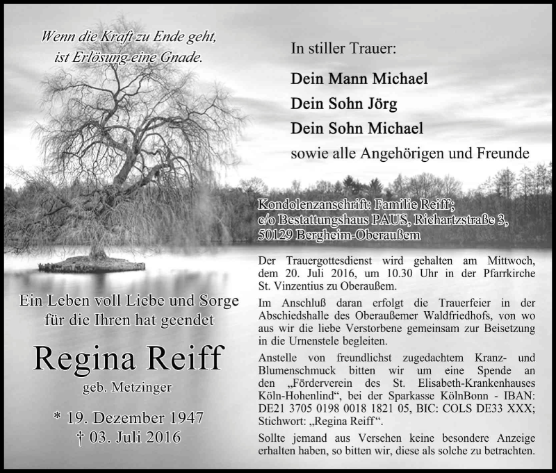  Traueranzeige für Regina Reiff vom 16.07.2016 aus Kölner Stadt-Anzeiger / Kölnische Rundschau / Express