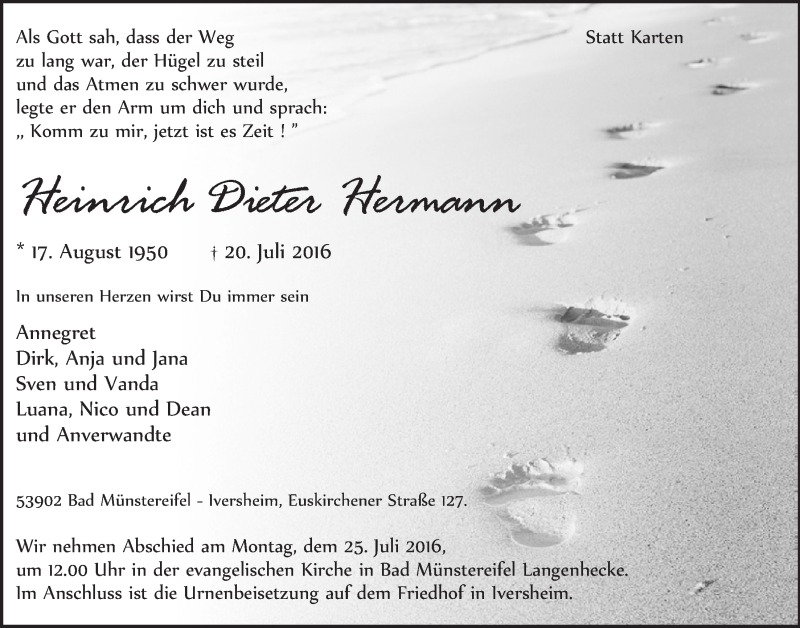  Traueranzeige für Heinrich Dieter Hermann vom 23.07.2016 aus  Blickpunkt Euskirchen 