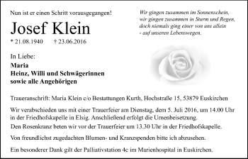 Anzeige von Josef Klein von  Blickpunkt Euskirchen 