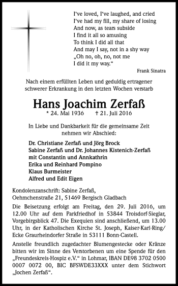 Anzeige von Hans Joachim Zerfaß von Kölner Stadt-Anzeiger / Kölnische Rundschau / Express