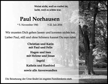 Anzeige von Paul Norhausen von Kölner Stadt-Anzeiger / Kölnische Rundschau / Express