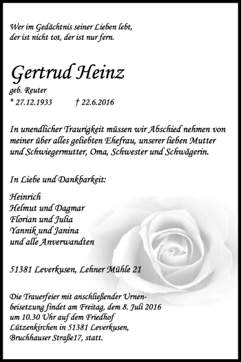 Anzeige von Gertrud Heinz von Kölner Stadt-Anzeiger / Kölnische Rundschau / Express