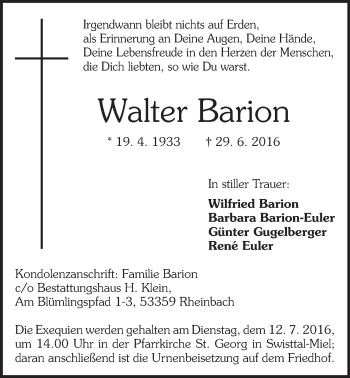 Anzeige von Walter Barion von  Schaufenster/Blickpunkt 