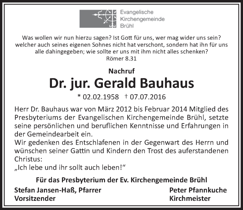  Traueranzeige für Gerald Bauhaus vom 20.07.2016 aus  Schlossbote/Werbekurier 