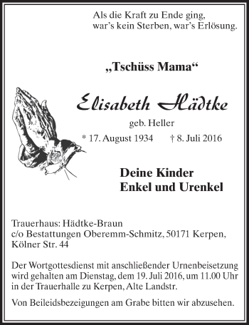 Anzeige von Elisabeth Hädtke von  Sonntags-Post 