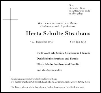 Anzeige von Herta Schulte Strathaus von Kölner Stadt-Anzeiger / Kölnische Rundschau / Express