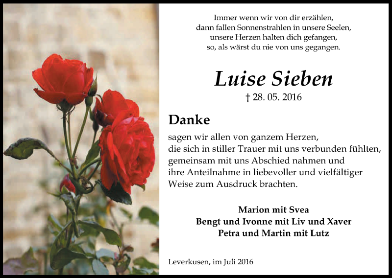  Traueranzeige für Luise Sieben vom 02.07.2016 aus Kölner Stadt-Anzeiger / Kölnische Rundschau / Express