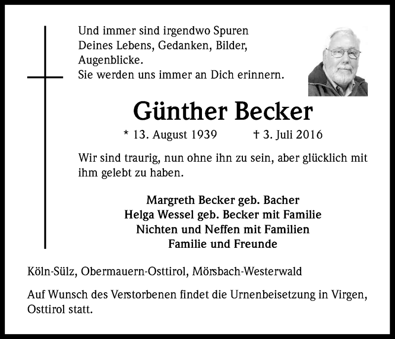  Traueranzeige für Günther Becker vom 09.07.2016 aus Kölner Stadt-Anzeiger / Kölnische Rundschau / Express
