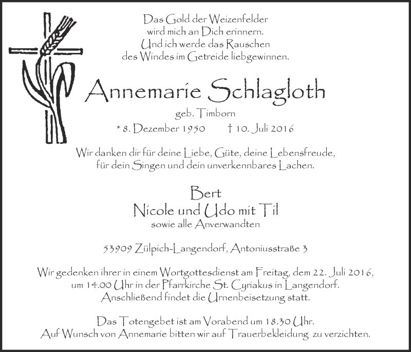  Traueranzeige für Annemarie Schlagloth vom 16.07.2016 aus  Blickpunkt Euskirchen 