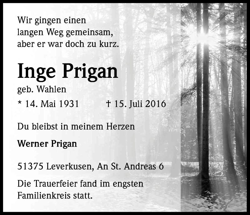  Traueranzeige für Inge Prigan vom 30.07.2016 aus Kölner Stadt-Anzeiger / Kölnische Rundschau / Express