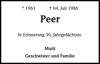 Anzeige von Peer  von Kölner Stadt-Anzeiger / Kölnische Rundschau / Express