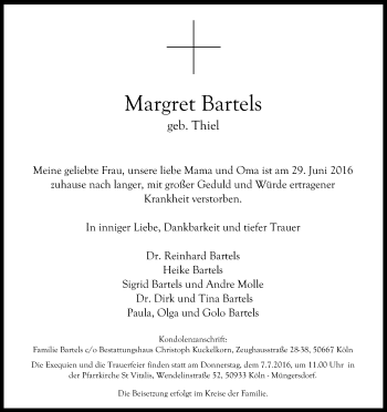 Anzeige von Margret Bartels von Kölner Stadt-Anzeiger / Kölnische Rundschau / Express