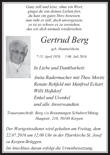 Anzeige von Gertrud Berg von  Werbepost 