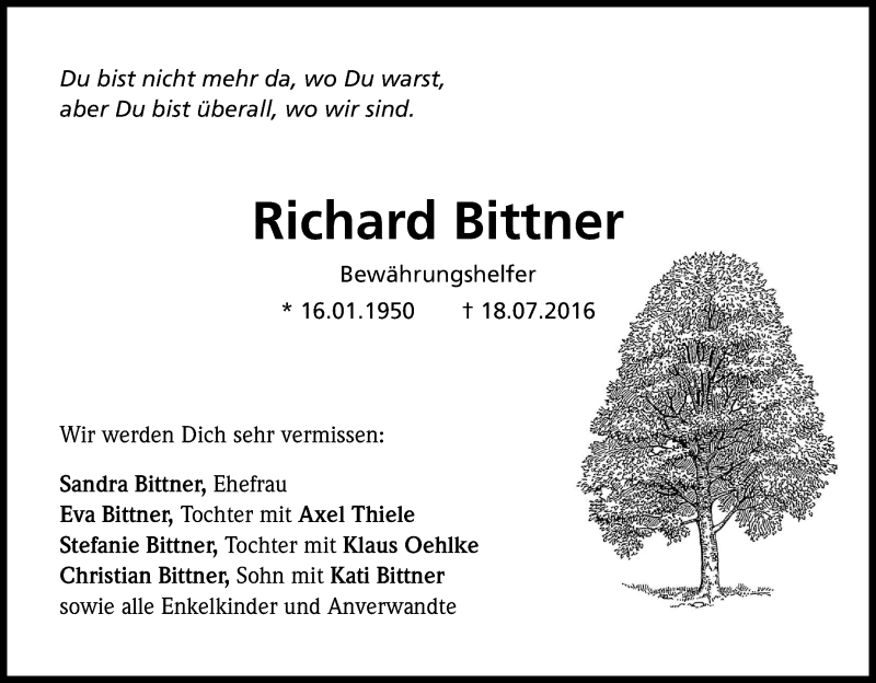  Traueranzeige für Richard Bittner vom 30.07.2016 aus Kölner Stadt-Anzeiger / Kölnische Rundschau / Express