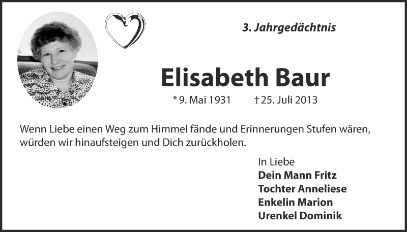  Traueranzeige für Elisabeth Baur vom 27.07.2016 aus  Kölner Wochenspiegel 