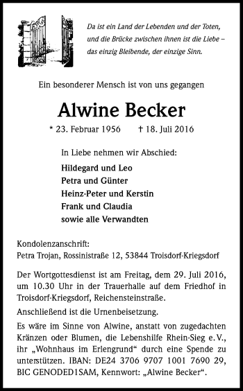 Anzeige von Alwine Becker von Kölner Stadt-Anzeiger / Kölnische Rundschau / Express