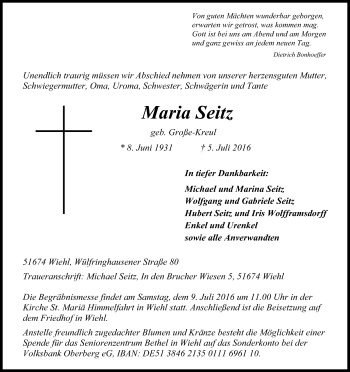 Anzeige von Maria Seitz von Kölner Stadt-Anzeiger / Kölnische Rundschau / Express