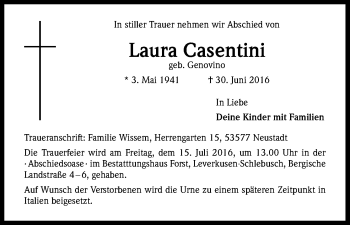 Anzeige von Laura Casentini von Kölner Stadt-Anzeiger / Kölnische Rundschau / Express