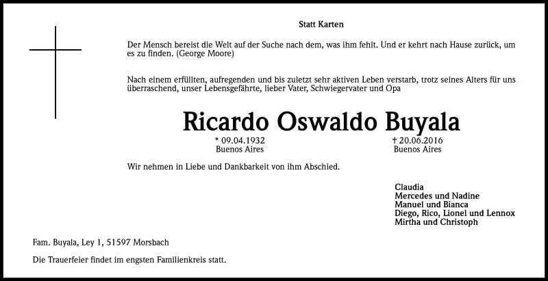  Traueranzeige für Ricardo Oswaldo Buyala vom 16.07.2016 aus Kölner Stadt-Anzeiger / Kölnische Rundschau / Express