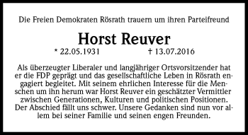 Anzeige von Horst Reuver von Kölner Stadt-Anzeiger / Kölnische Rundschau / Express