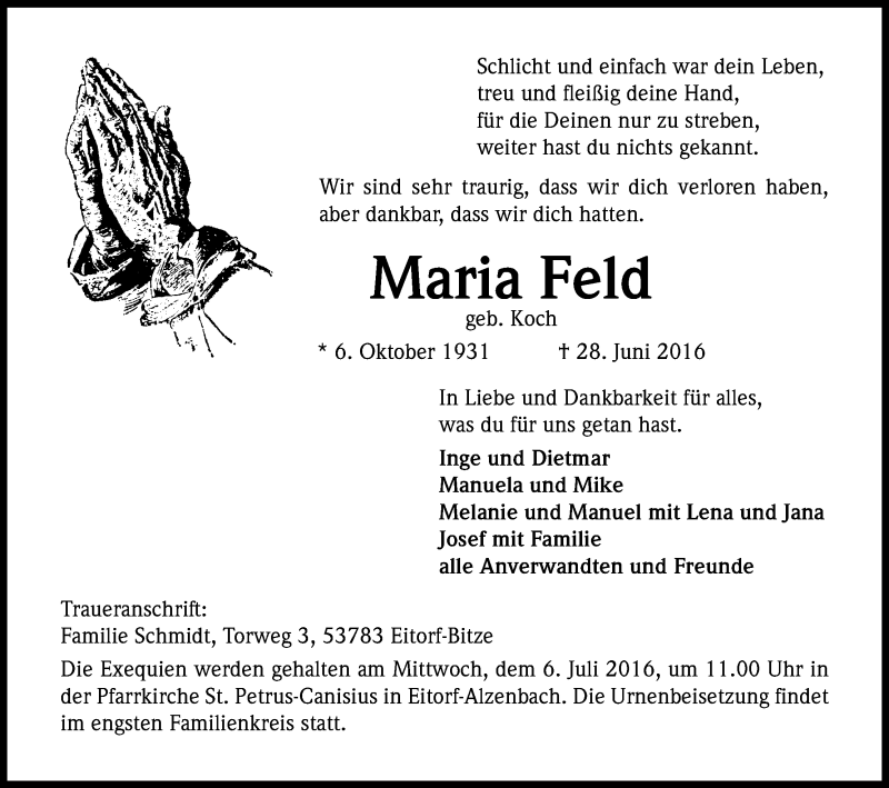  Traueranzeige für Maria Feld vom 02.07.2016 aus Kölner Stadt-Anzeiger / Kölnische Rundschau / Express