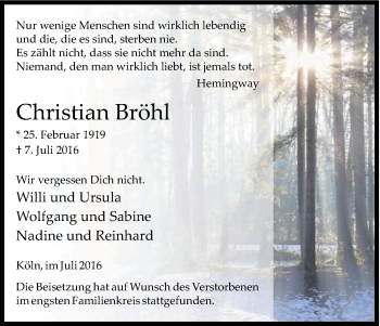 Anzeige von Christian Bröhl von Kölner Stadt-Anzeiger / Kölnische Rundschau / Express