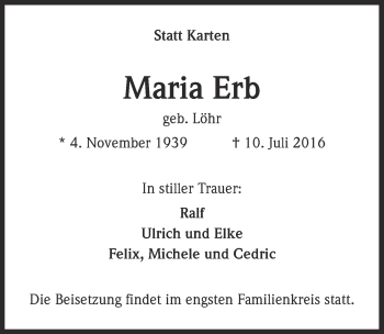 Anzeige von Maria Erb von  Kölner Wochenspiegel 