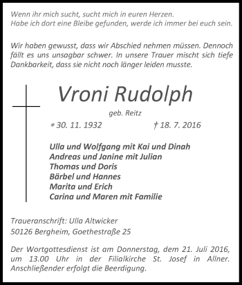 Anzeige von Vroni Rudolph von Kölner Stadt-Anzeiger / Kölnische Rundschau / Express