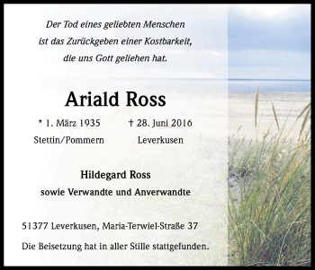 Anzeige von Ariald Ross von Kölner Stadt-Anzeiger / Kölnische Rundschau / Express
