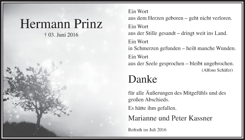  Traueranzeige für Hermann Prinz vom 13.07.2016 aus  Bergisches Handelsblatt 