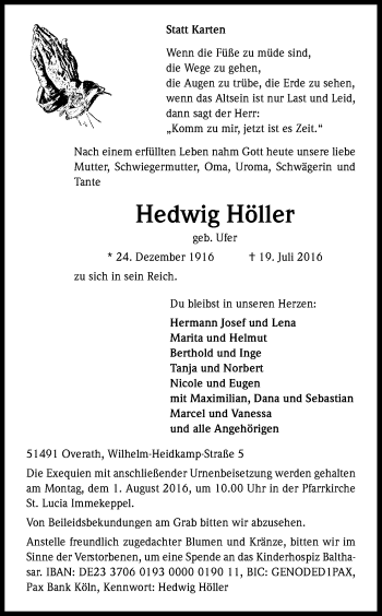 Anzeige von Hedwig Höller von Kölner Stadt-Anzeiger / Kölnische Rundschau / Express