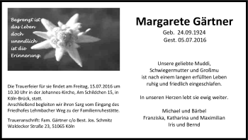 Anzeige von Margarete Gärtner von Kölner Stadt-Anzeiger / Kölnische Rundschau / Express