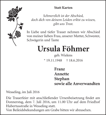 Anzeige von Ursula Föhmer von  Schlossbote/Werbekurier 