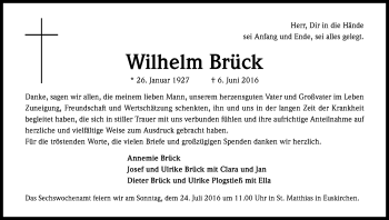 Anzeige von Wilhelm Brück von Kölner Stadt-Anzeiger / Kölnische Rundschau / Express