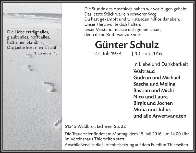 Traueranzeige für Günter Schulz vom 13.07.2016 aus  Lokalanzeiger 