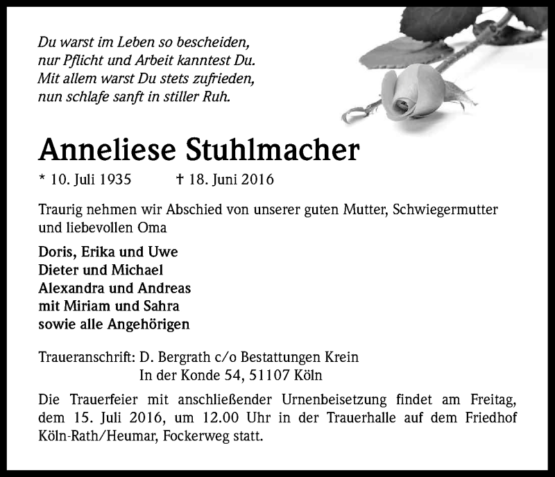  Traueranzeige für Anneliese Stuhlmacher vom 09.07.2016 aus Kölner Stadt-Anzeiger / Kölnische Rundschau / Express