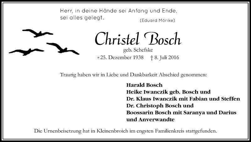  Traueranzeige für Christel Bosch vom 30.07.2016 aus Kölner Stadt-Anzeiger / Kölnische Rundschau / Express