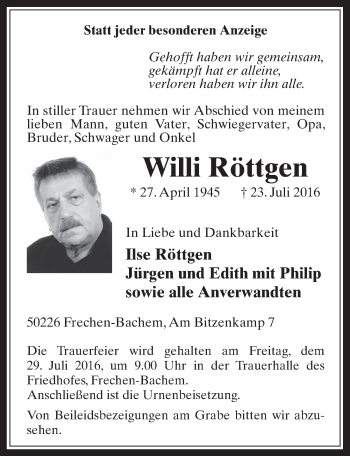 Anzeige von Willi Röttgen von  Wochenende 