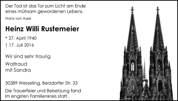 Anzeige von Heinz Willi Rustemeier von  Schlossbote/Werbekurier 