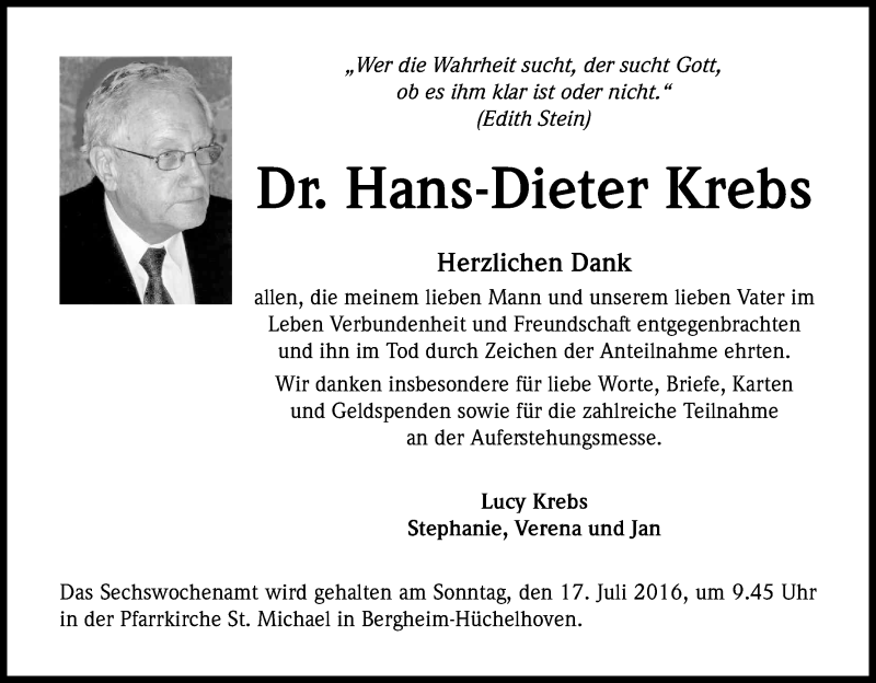  Traueranzeige für Hans-Dieter  Krebs vom 09.07.2016 aus Kölner Stadt-Anzeiger / Kölnische Rundschau / Express