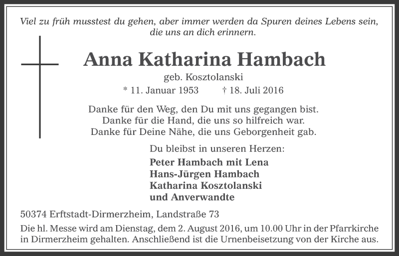  Traueranzeige für Anna Katharina Hambach vom 27.07.2016 aus  Werbepost 