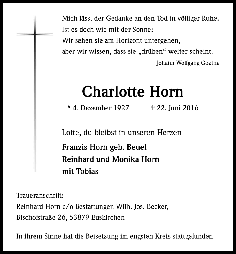  Traueranzeige für Charlotte Horn vom 16.07.2016 aus Kölner Stadt-Anzeiger / Kölnische Rundschau / Express