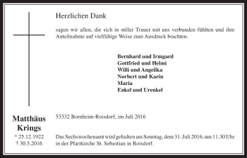Anzeige von Matthäus Krings von  Schaufenster/Blickpunkt 