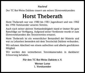 Anzeige von Horst Theberath von Kölner Stadt-Anzeiger / Kölnische Rundschau / Express