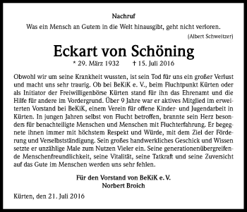 Anzeige von Eckart von Schöning von Kölner Stadt-Anzeiger / Kölnische Rundschau / Express
