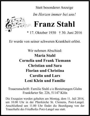 Anzeige von Franz Stahl von Kölner Stadt-Anzeiger / Kölnische Rundschau / Express