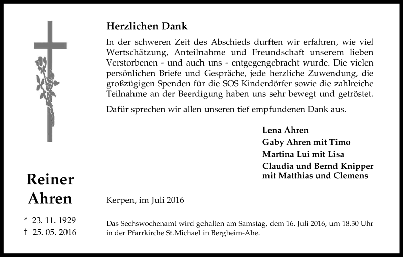  Traueranzeige für Reiner Ahren vom 09.07.2016 aus Kölner Stadt-Anzeiger / Kölnische Rundschau / Express