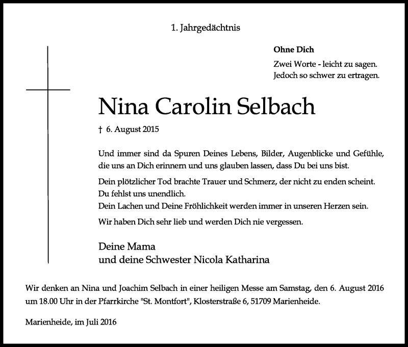  Traueranzeige für Nina Carolin Selbach vom 30.07.2016 aus Kölner Stadt-Anzeiger / Kölnische Rundschau / Express