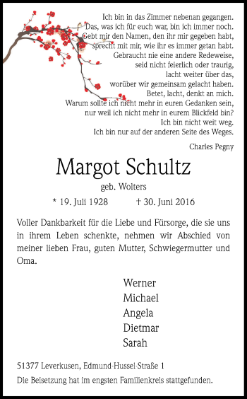 Anzeige von Margot Schultz von Kölner Stadt-Anzeiger / Kölnische Rundschau / Express