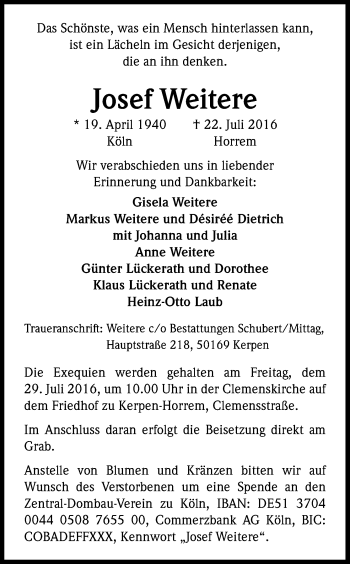 Anzeige von Josef Weitere von Kölner Stadt-Anzeiger / Kölnische Rundschau / Express